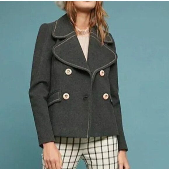 Anthropologie Jacket Peacoat Womens 2 Gray Cropped Blazer Contrast Trim Relaxed - Picture 1 of 13